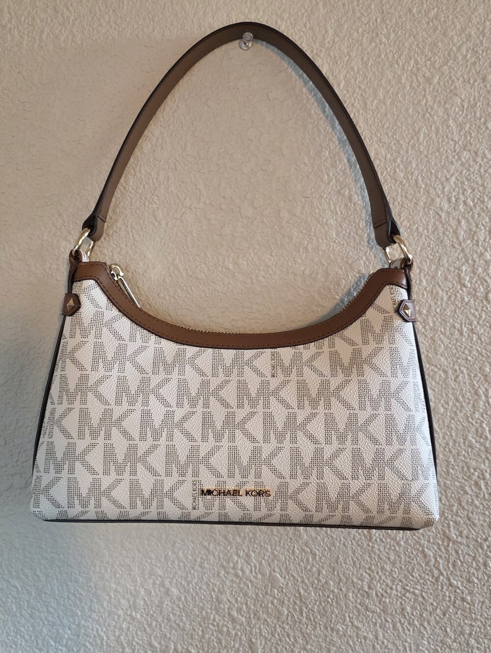 Michael Kors White and Brown MK Logo Shoulder Bag
